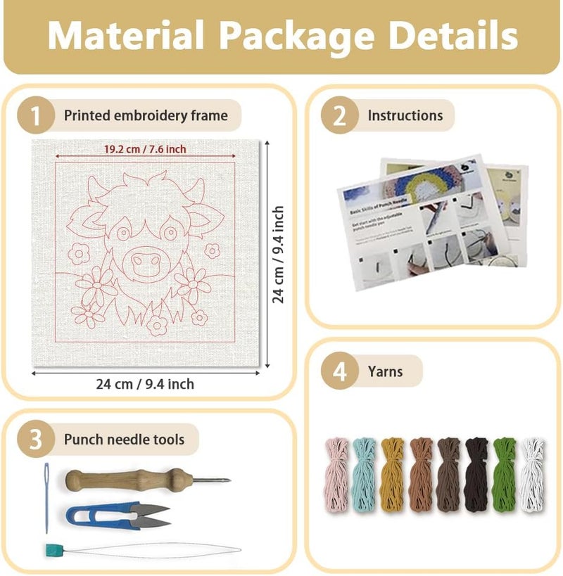 DOODLREAM Highland Cow DIY Punch Needle Embroidery Kit for Adult Beginner, 9.4" Highland Cow Animal Punch Stitching Craft Set for Starter with Frame, Fabric Pattern, Threader, Yarn, Pinch Needle - Image 2